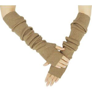 Women's Camel Soft Cozy Arm Warmers Fingerless Knitted Long Gloves Winter